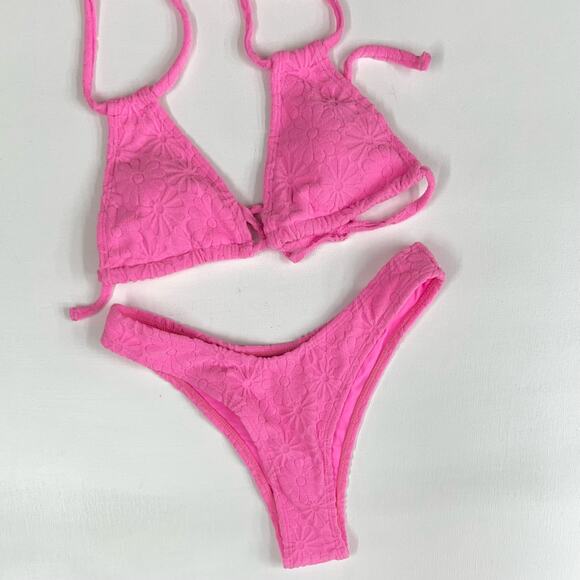KB KINIS | Cheeky Bikini Set Textured Floral Print Pink Size S - Picture 3 of 12